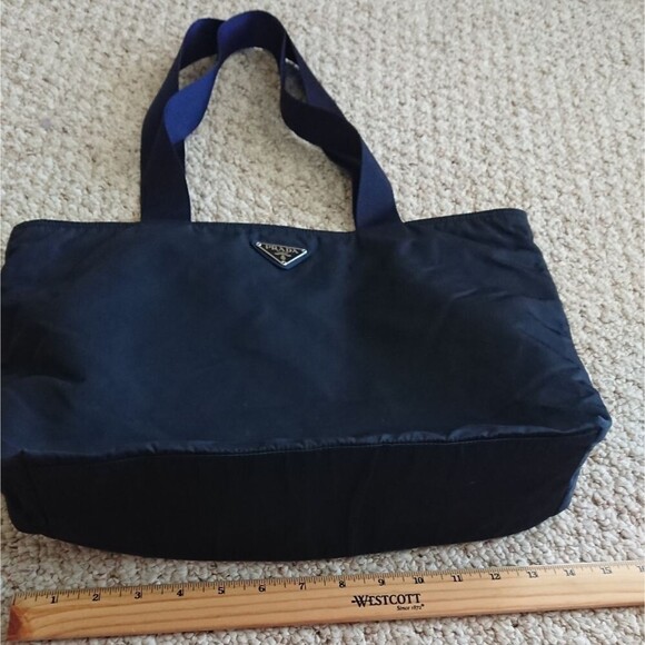 Black Prada nylon fabric with navy blue double handles tote - Picture 5 of 16